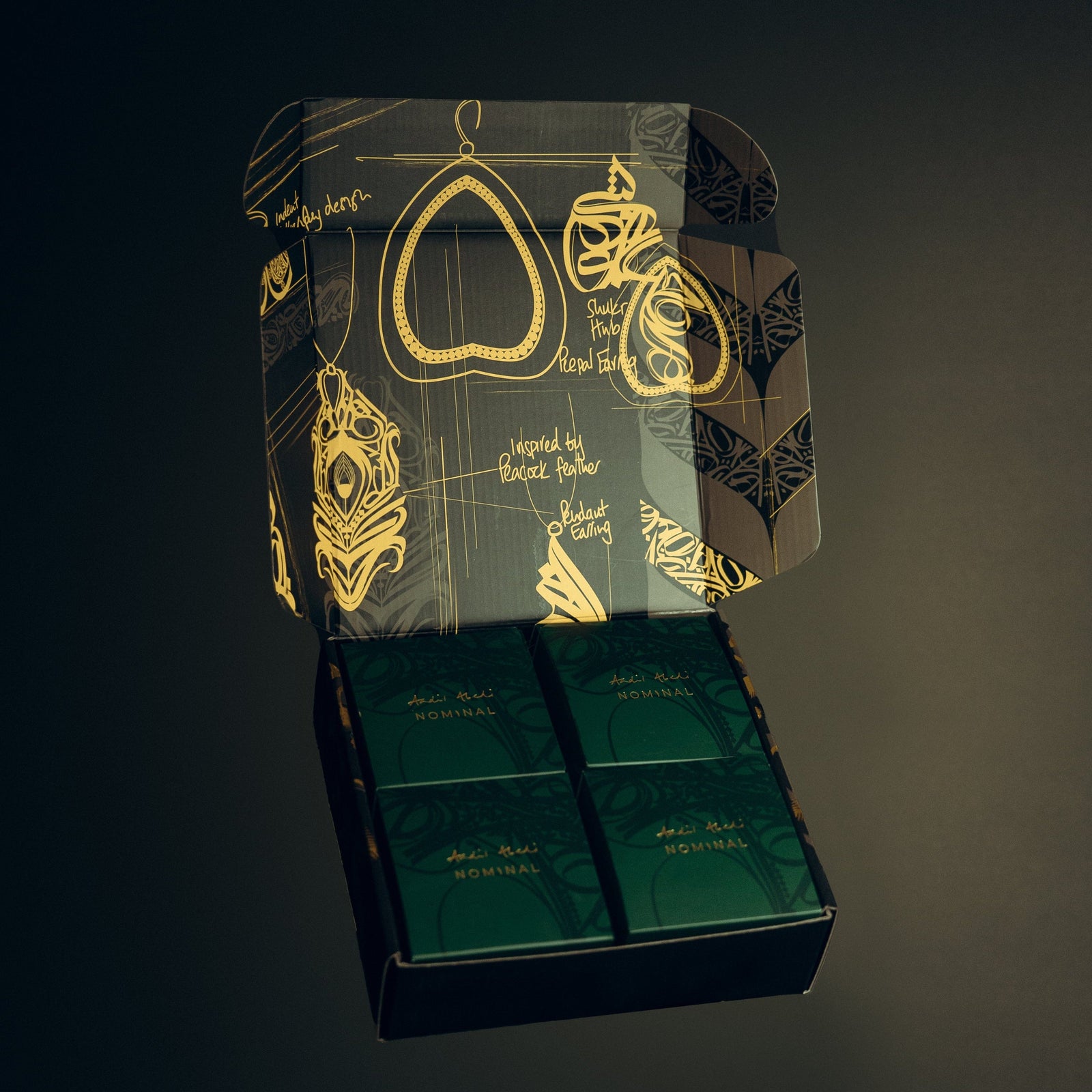 Open Nominal packaging box with illustrated gold jewelry sketches inside the lid and four green jewelry boxes arranged neatly.