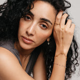 Model styled in 18k gold-plated Nominal jewelry featuring the Bezel Bloom Hand Chain paired with the Bezel Garden Ring and Essential Iolite Micro Chain and Bracelet.