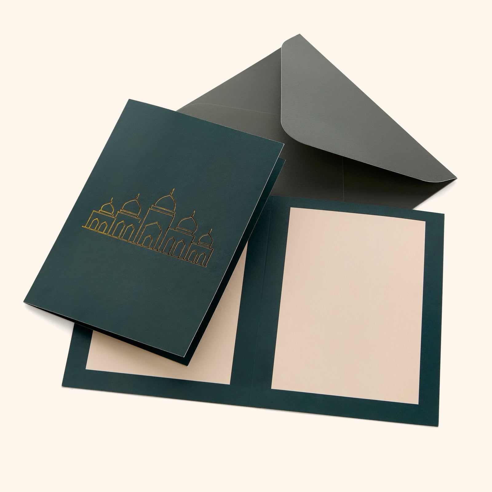 In the photo: closed Masjid Outline Greeting Card, blank inside of the card, and card envelope. 