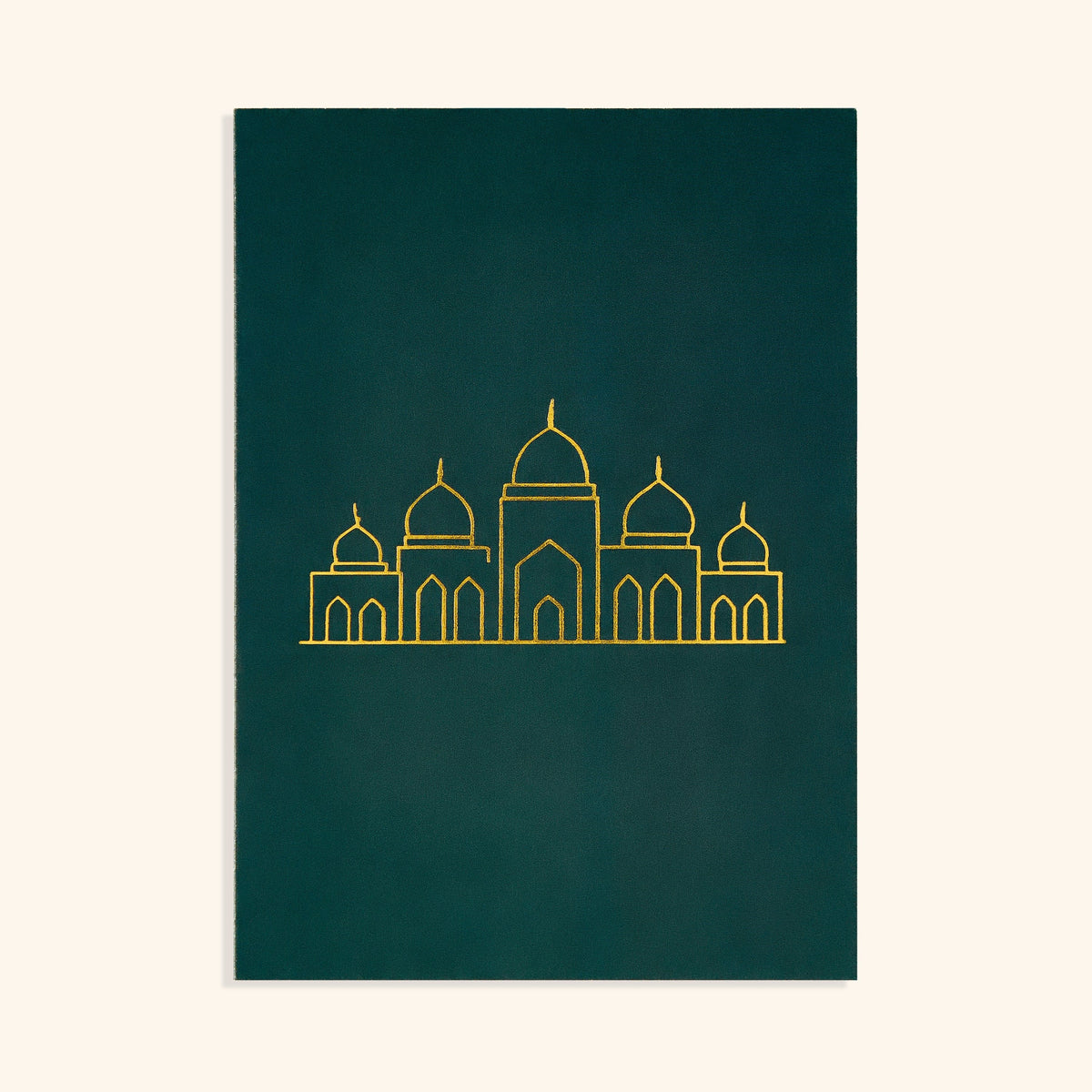 5" x 7" card with an elegant outline of masjid arches across a deep emerald card.