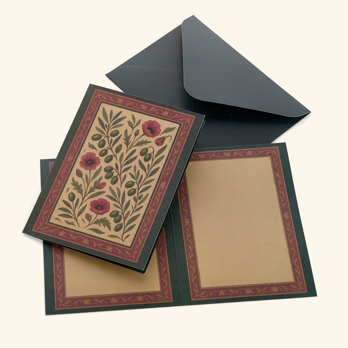 In the photo: closed Palestinian Blooms Greeting Card, blank inside of the card, and card envelope. 