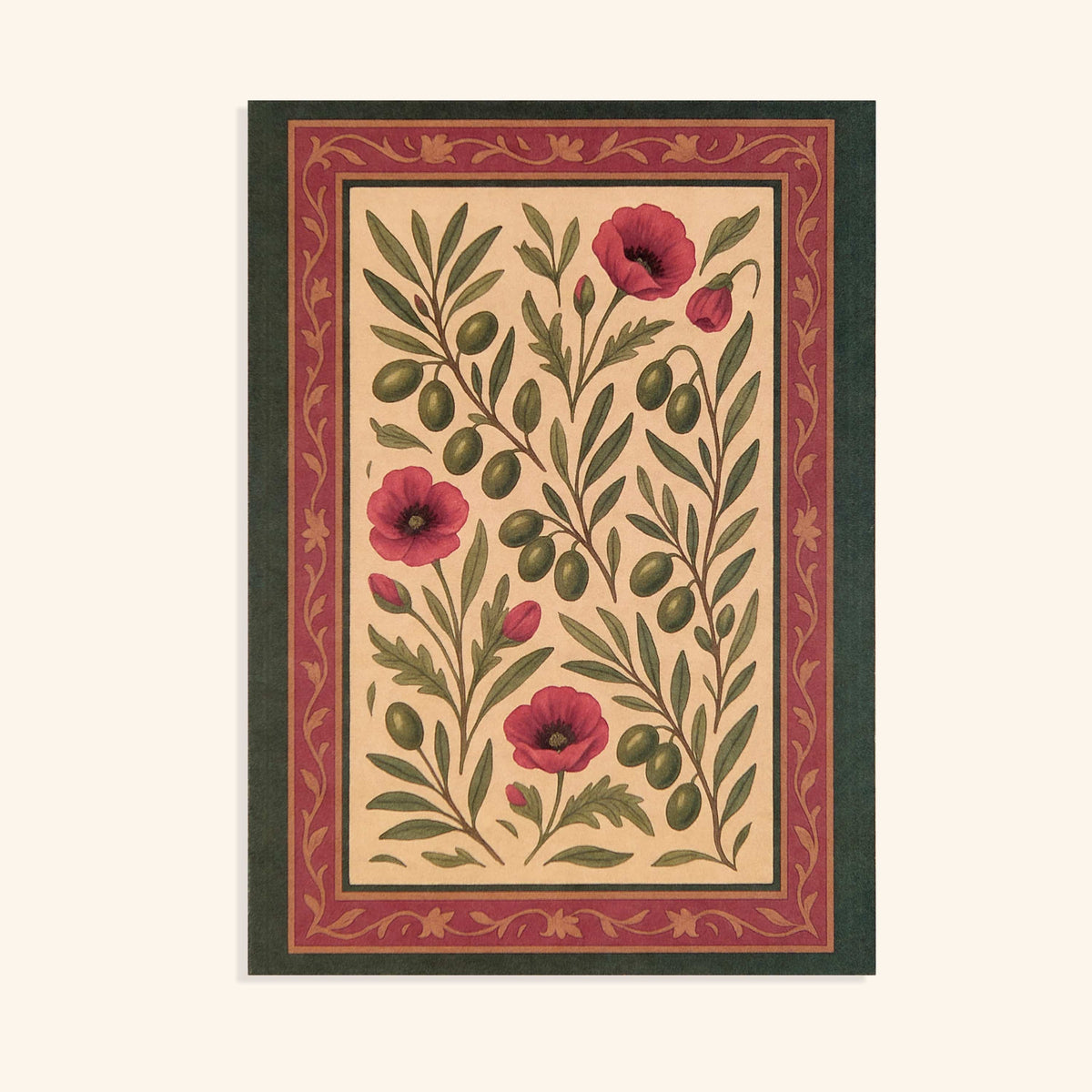 5" x 7" card marked with olives and poppies, featuring the gorgeous florals that grow wild across Palestinian land