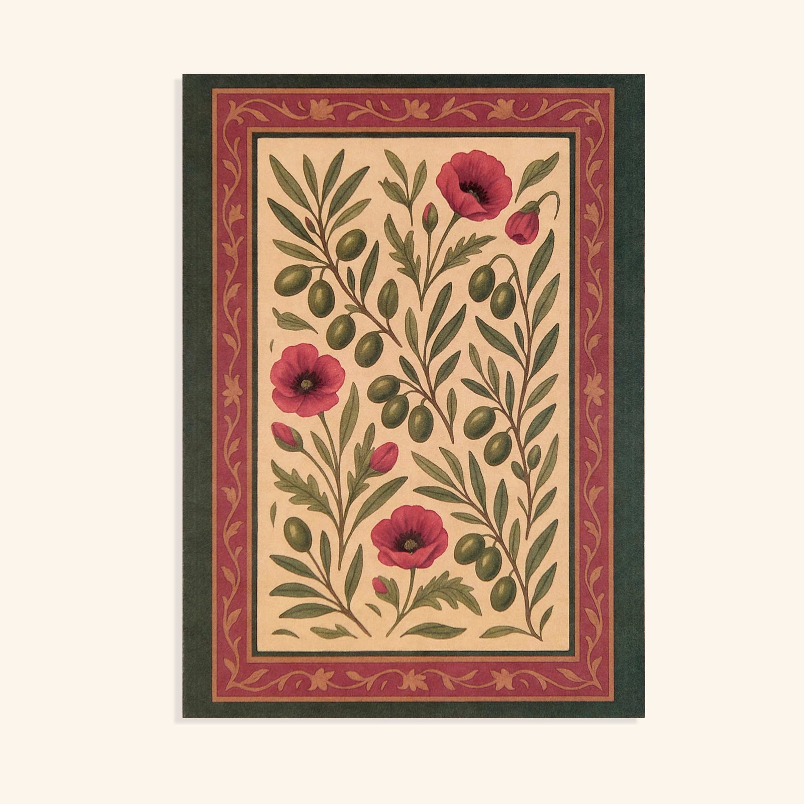 5" x 7" card marked with olives and poppies, featuring the gorgeous florals that grow wild across Palestinian land