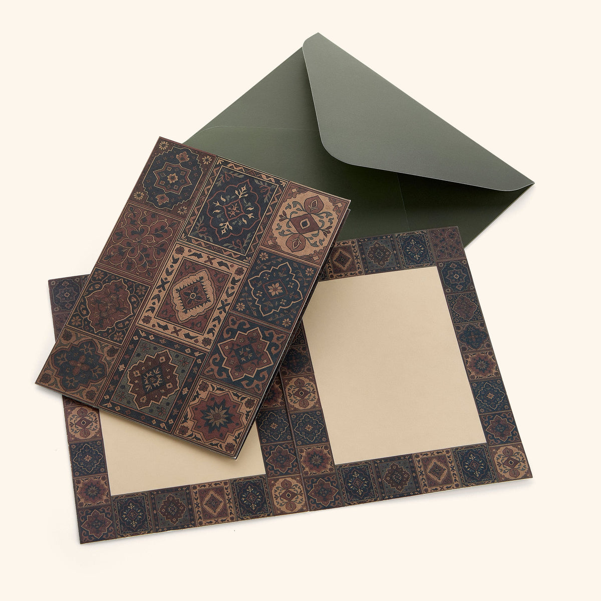 In the photo: closed Persian Rugs Greeitng Card, blank inside of the card, and card envelope. 