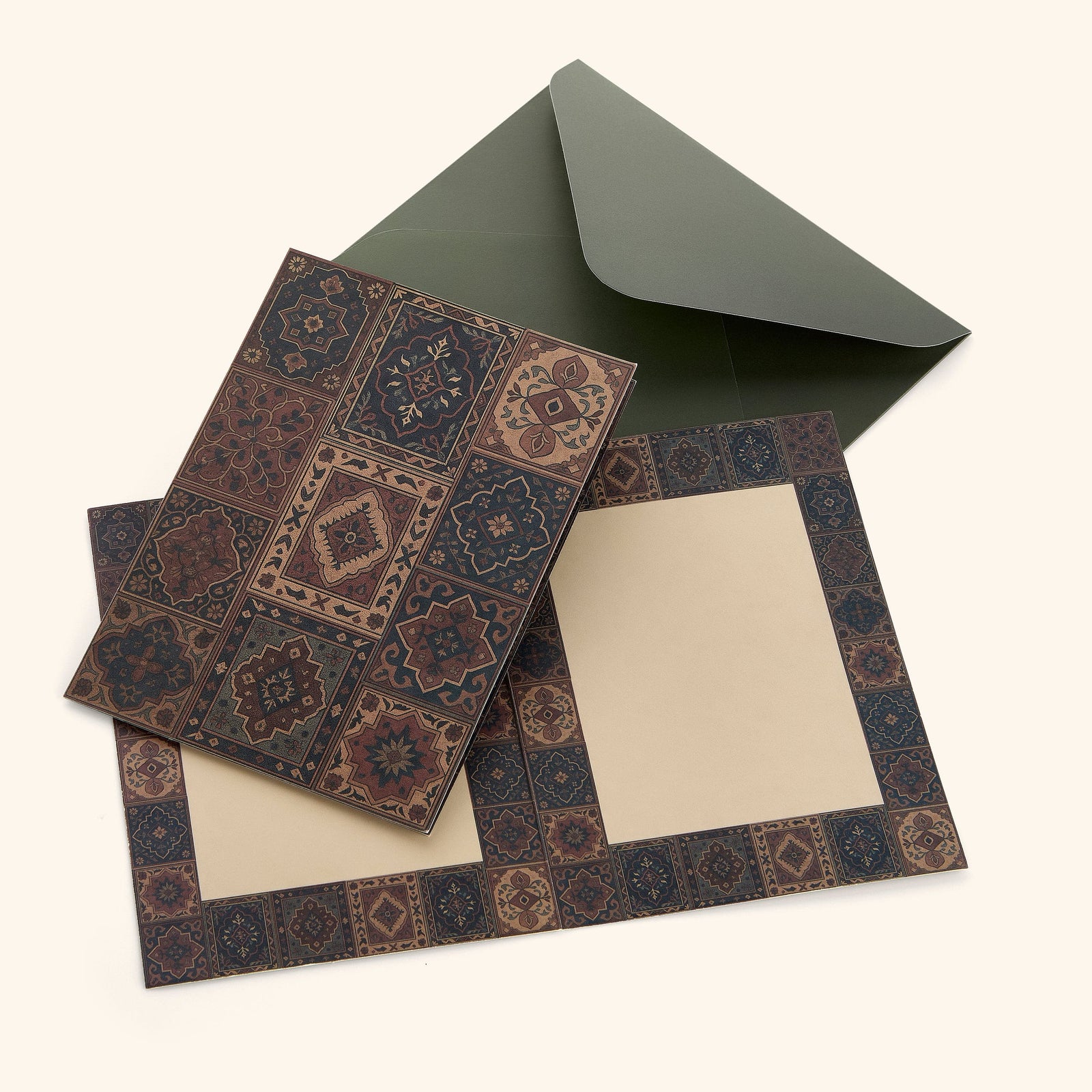In the photo: closed Persian Rugs Greeitng Card, blank inside of the card, and card envelope. 