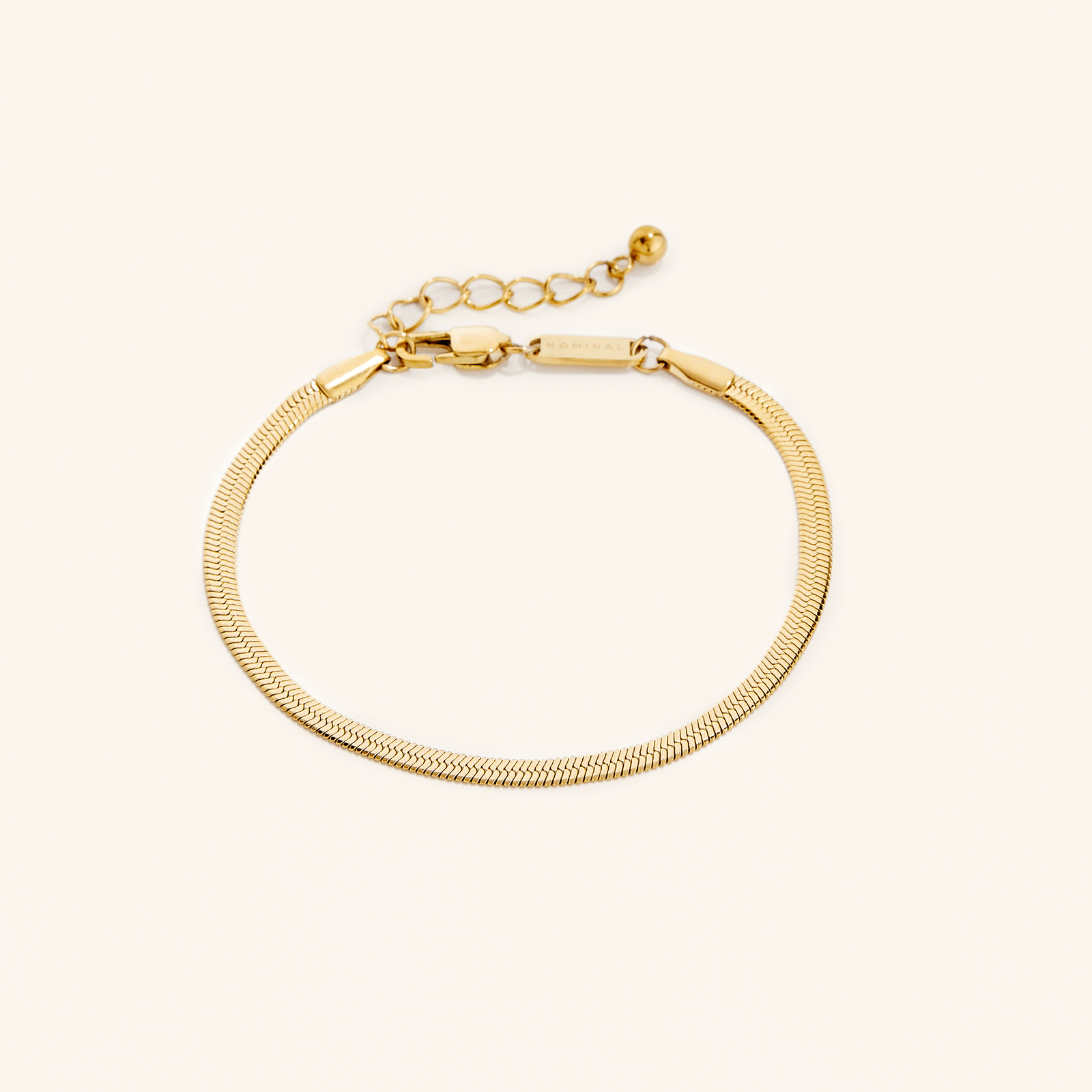 Photo of the 18k gold plated bracelet that features interlocked slanted links in a style that dates back to Ancient Egypt.