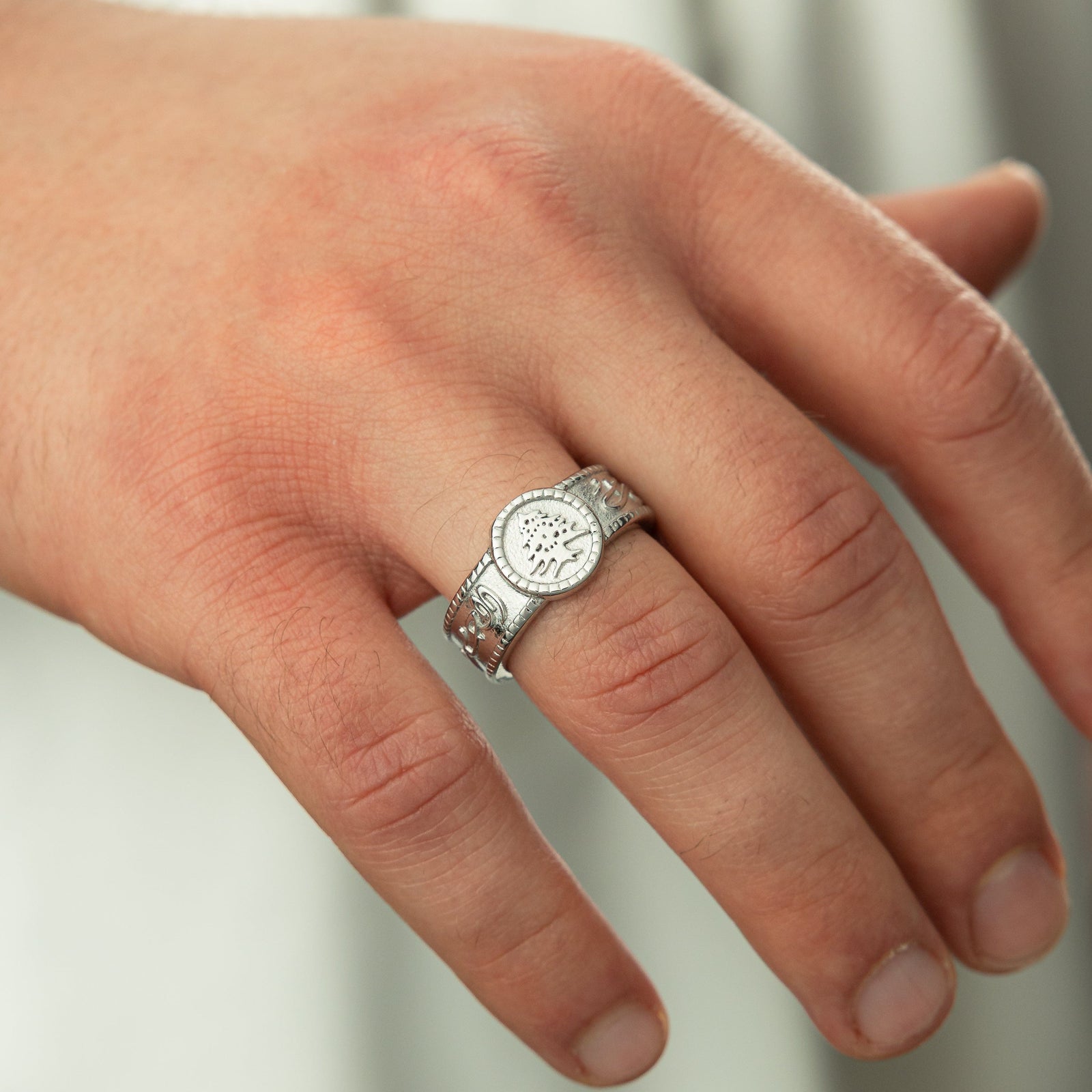 Close up of the model's right hand wearing the silver Freedom is the soul Ring on their right ring finger.