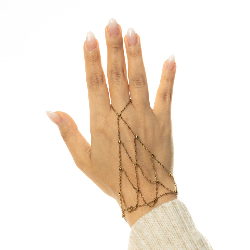 Gold Keffiyeh Fishnet Hand Chain draped across the back of the hand.