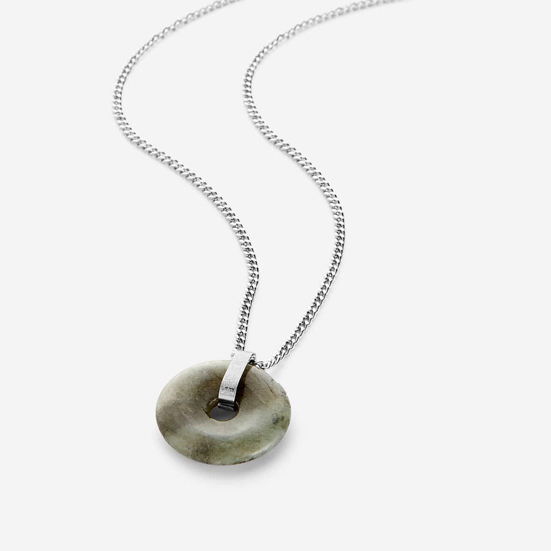 Men's necklace with a labradorite circular stone pendant on a silver chain pimage_ detailed with Arabic calligraphy engraved on the silver bail.