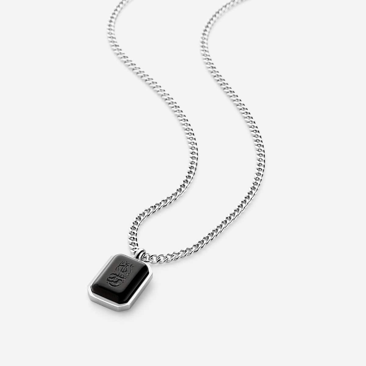Silver chain necklace with a rectangular black obsidian stone pendant engraved in Arabic calligraphy reading "Alhamdulillah," framed in a polished silver border, photographed on a white background.
