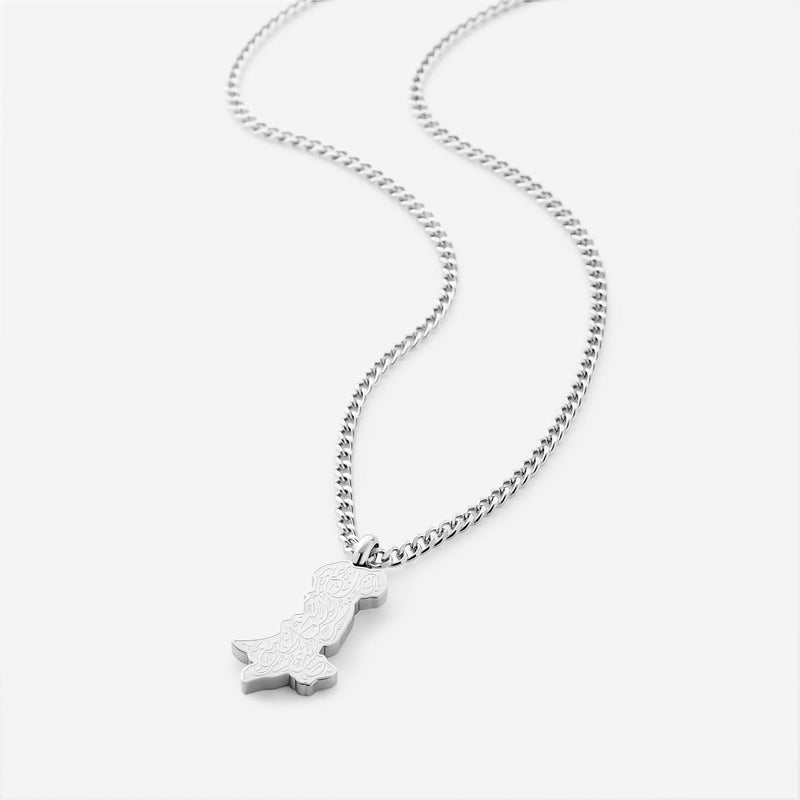 Silver necklace with a pakistan map-shaped pendant with arabic calligraphy engraved pimage_ shot on a white background