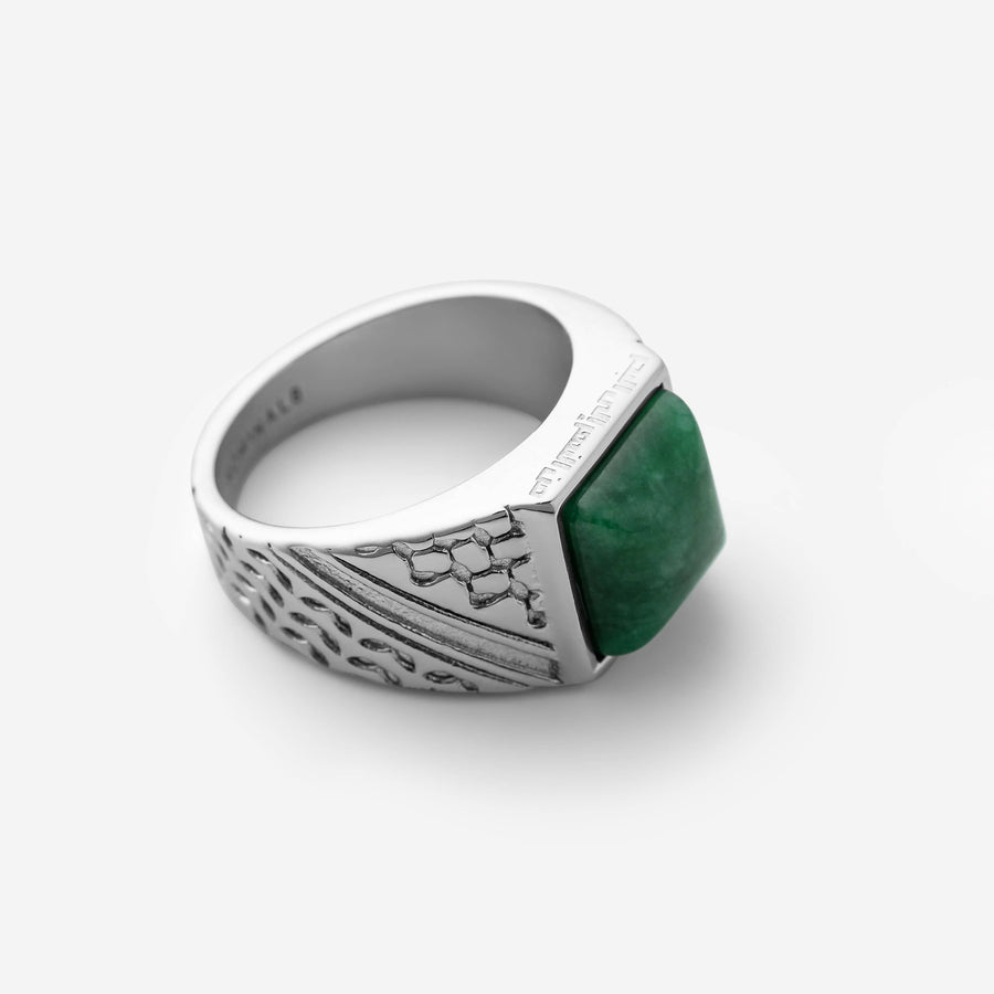 Silver ‘River to Sea’ Onyx Ring | Men featuring a square green onyx stone with engraved patterns along the band.