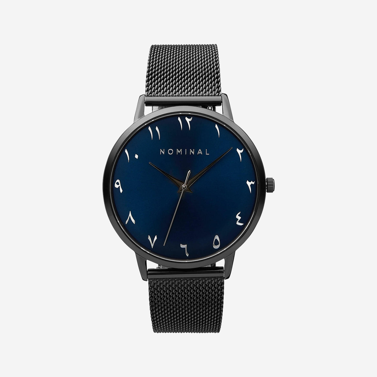 Photo of a black watch with a blue - sunburst round dial with silver numbers and black pin.