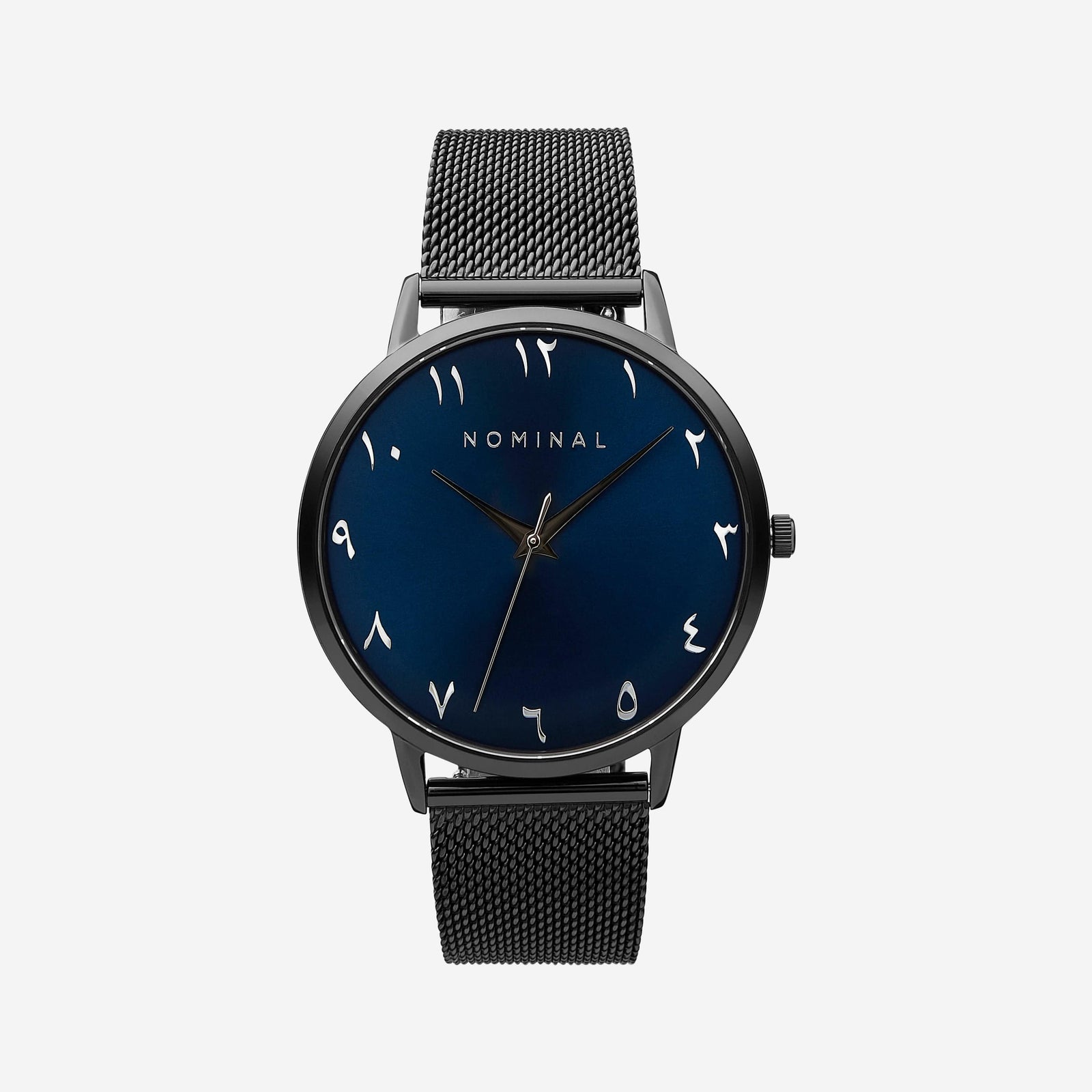 Photo of a black watch with a blue - sunburst round dial with silver numbers and black pin.