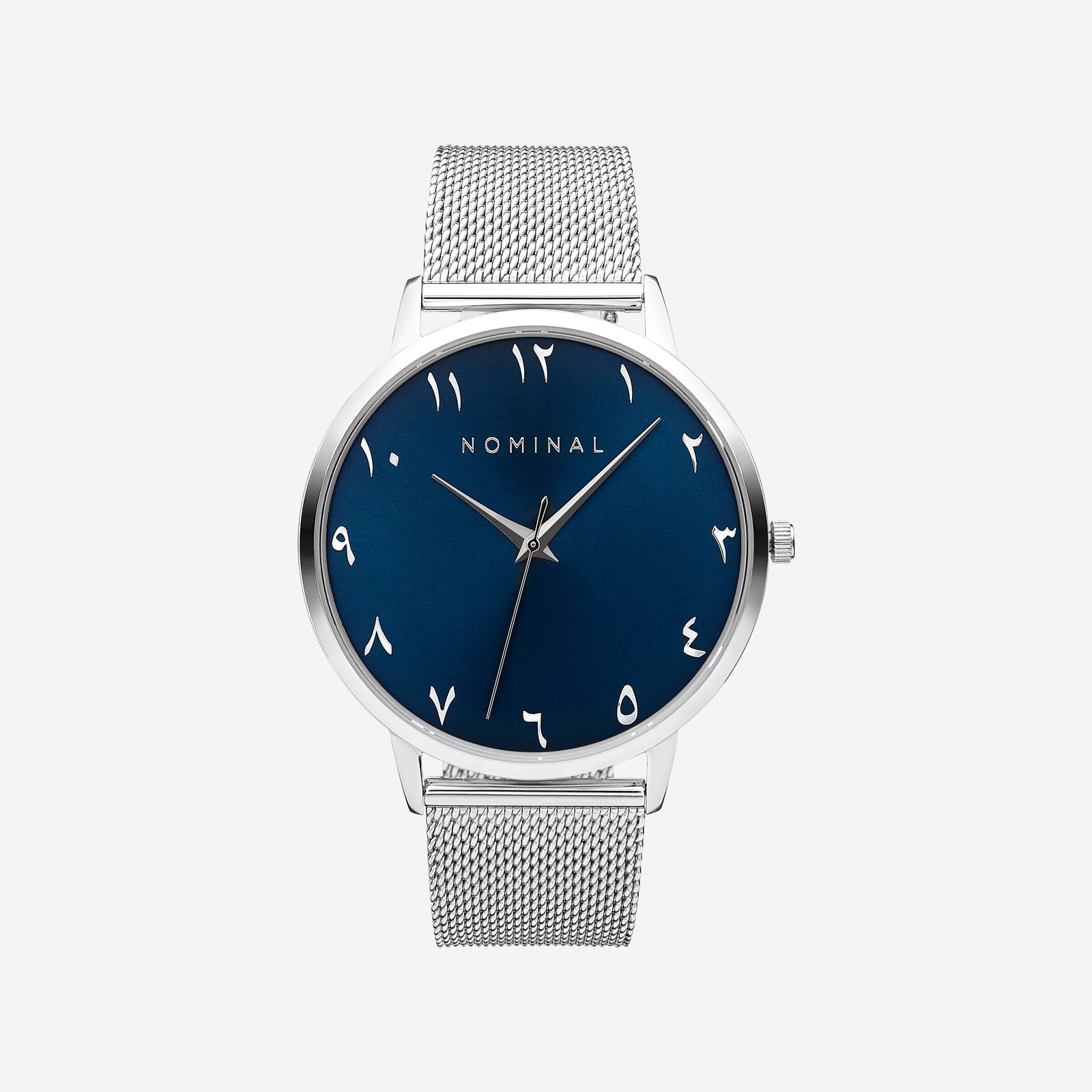 Photo of a watch with Silver Mesh strap and case, with a round blue - sunburst dial featuring silver numbers and and pin.