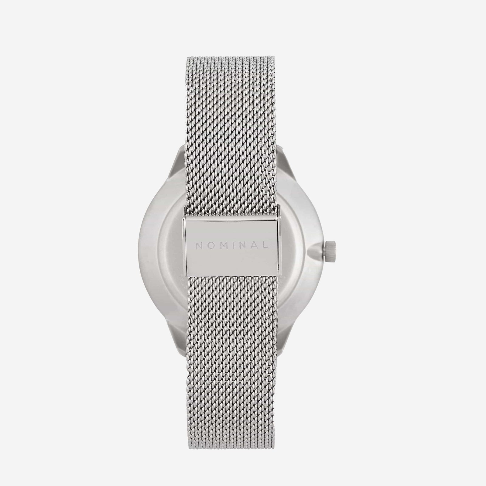 Photo of the back of the Neptune watch to show the clasp at the center of the strap engraved with the word “NOMINAL.”