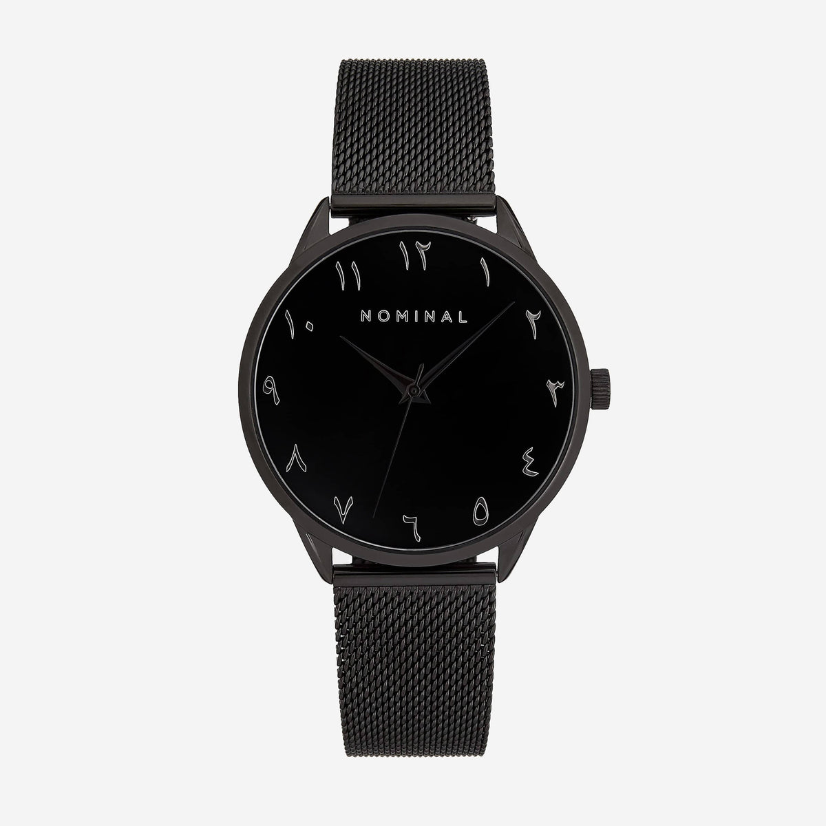 Photo of a watch with black mesh strap and case. The round black dial features silver numbers and black pin. 
