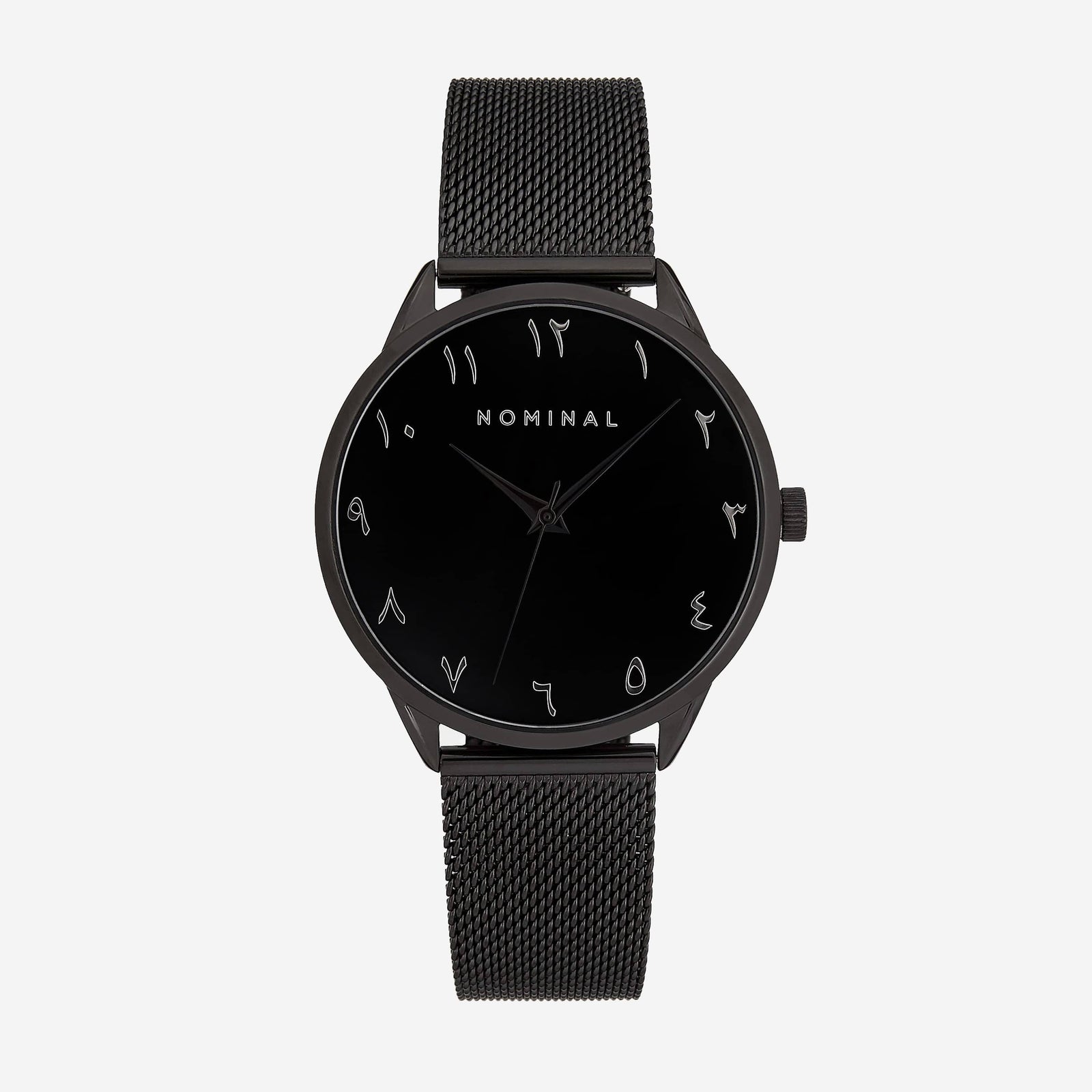 Photo of a watch with black mesh strap and case. The round black dial features silver numbers and black pin. 