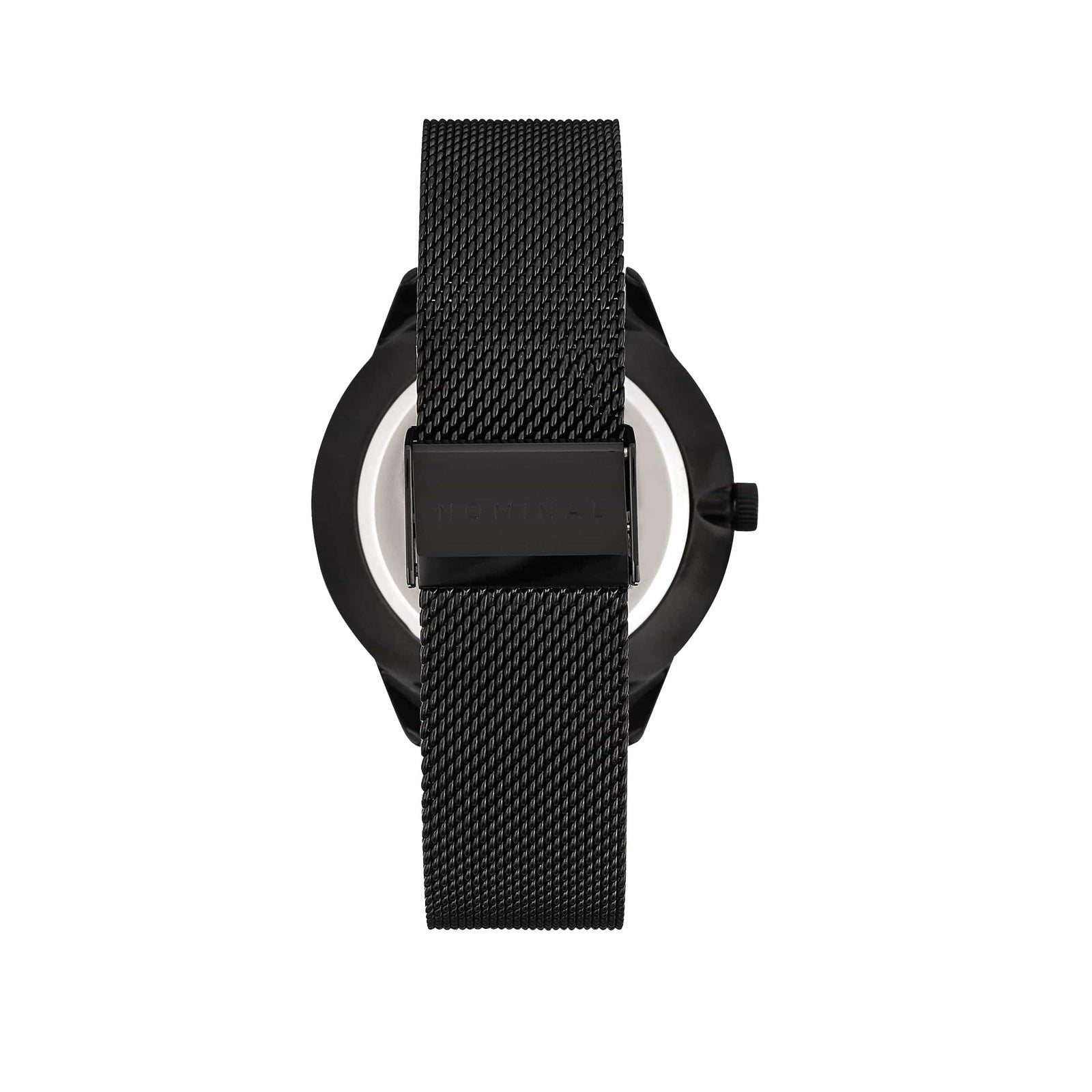 Photo of the back of the Phantom watch to show the clasp at the center of the strap engraved with the word “NOMINAL.”