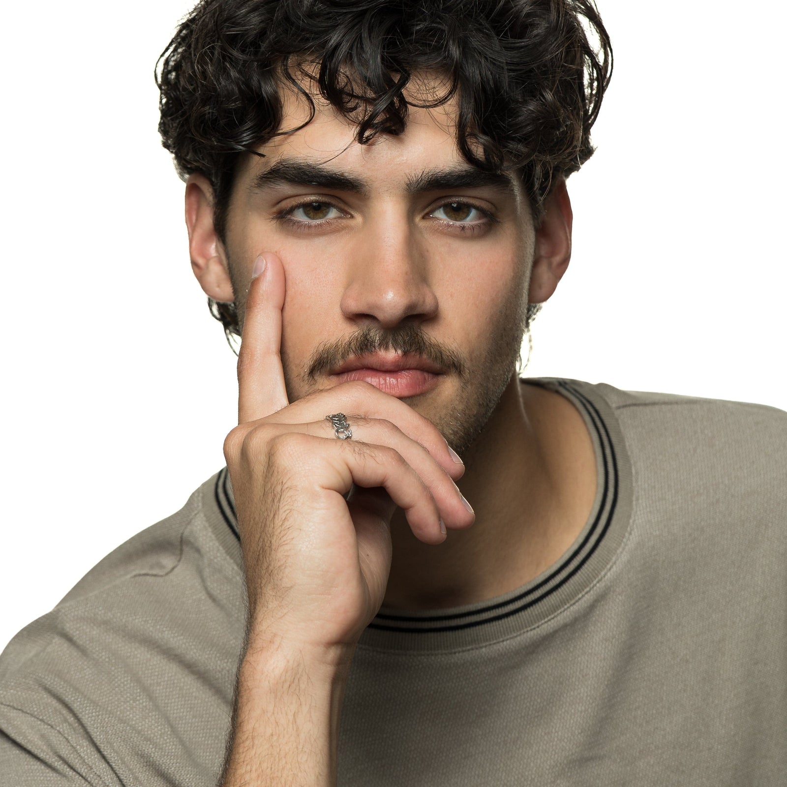 Photo of the model wearing the silver "Walk to Me and I'll Run to You" Calligraphy Ring | Men