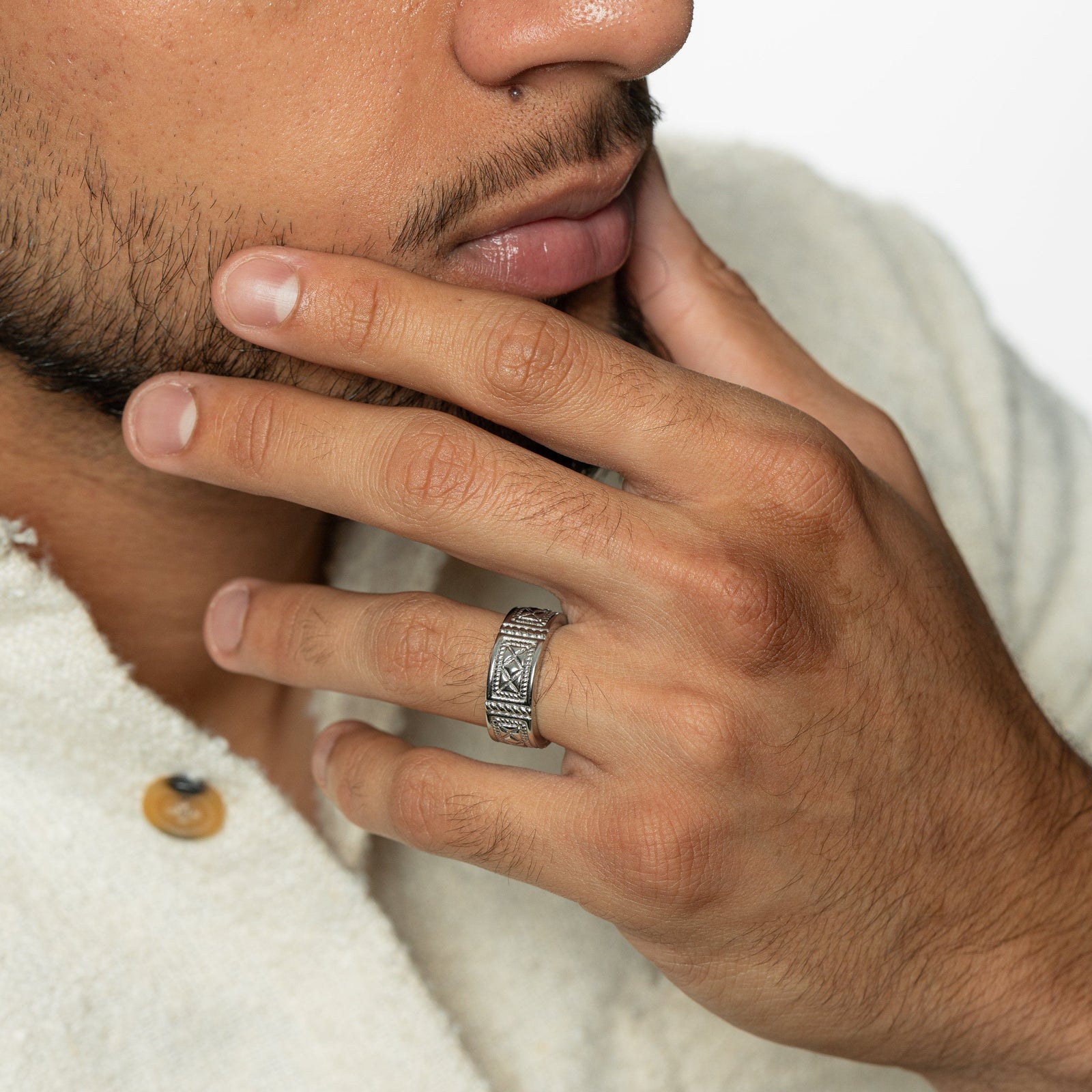 Man wearing the silver Damascus Tile Ring