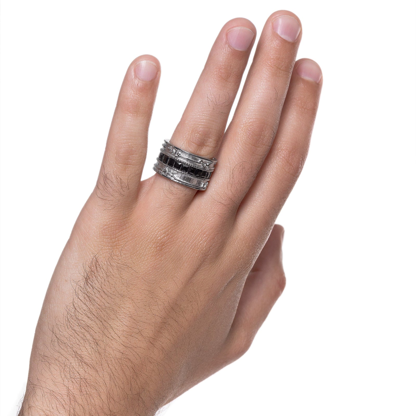 Model's left hand, the silver "Perhaps you dislike what's good for you" Stripe Ring | Men on their left ring finger.