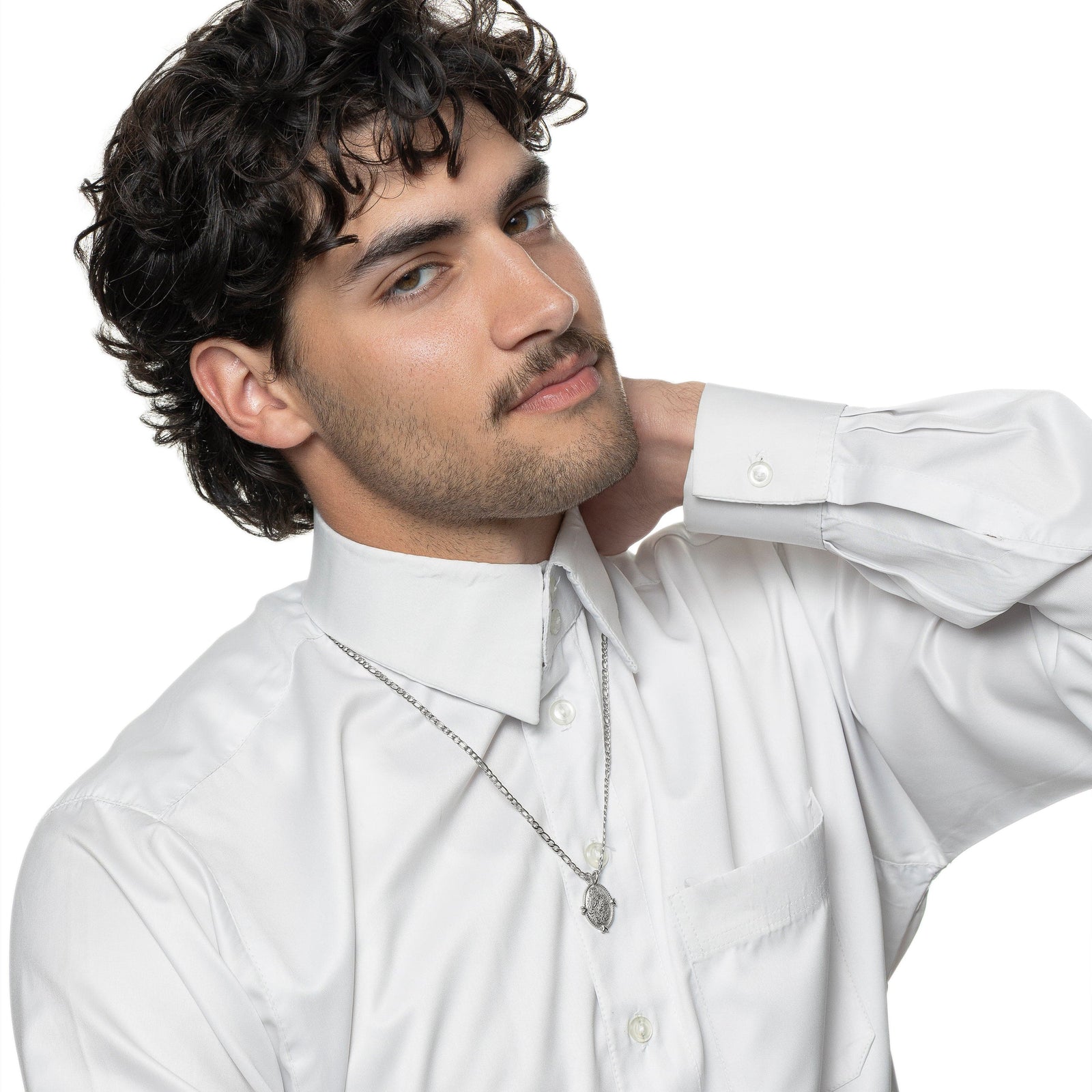 Photo of the model wearing the silver Walk to Me, and I'll run to you Medallion Necklace | Men