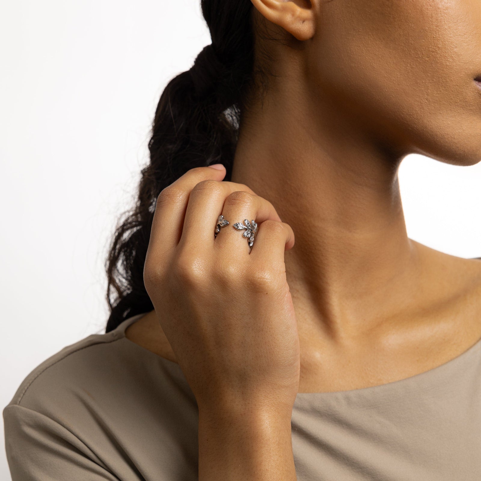 Woman wearing the silver Olive Branch Ring