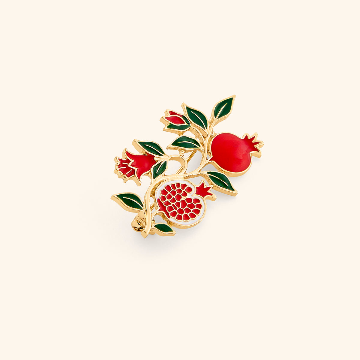 18k gold-plated Pomegranate Vine Pin set on a light background. 