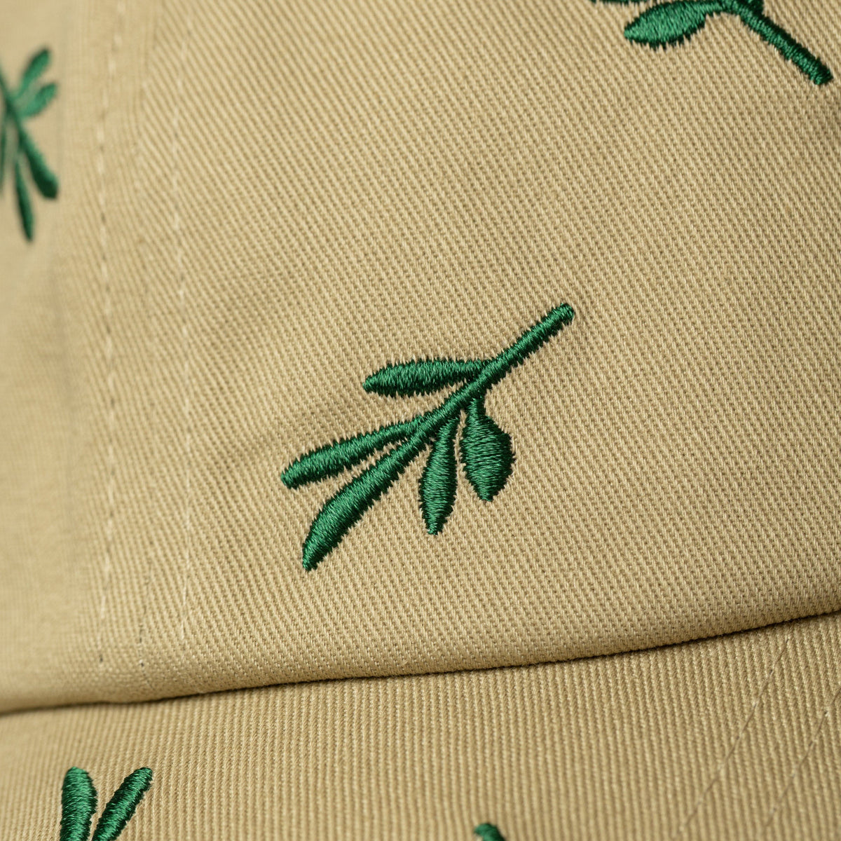 Close up of the green olive branches embroidery of the beige cap