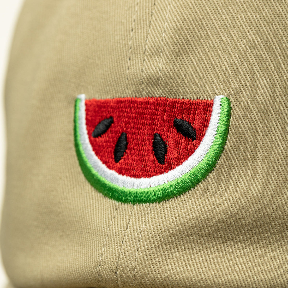 Close up of the watermelon embroidery of the Palestinian Watermelon Hat.