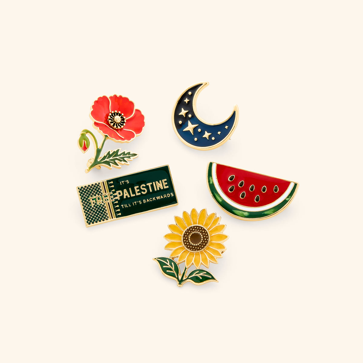 18k gold-plated cultural enamel pin set on a light background