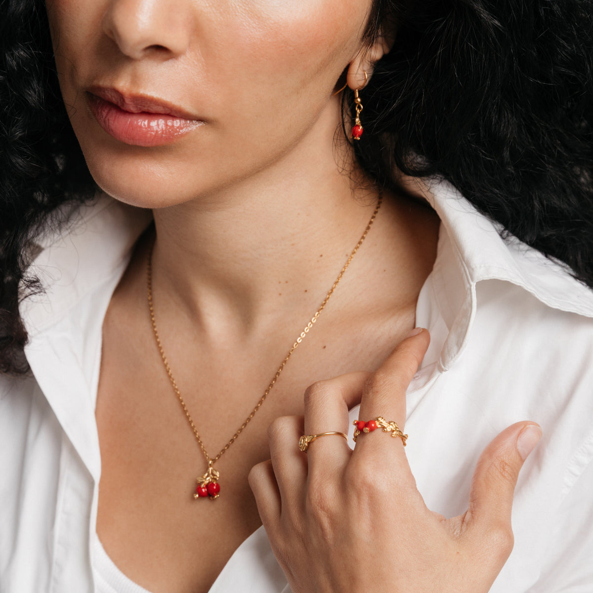 Pomegranate Set on model: Pomegranate Necklace, Pomegranate Vine Ring and Pomegranate Vine Earrings