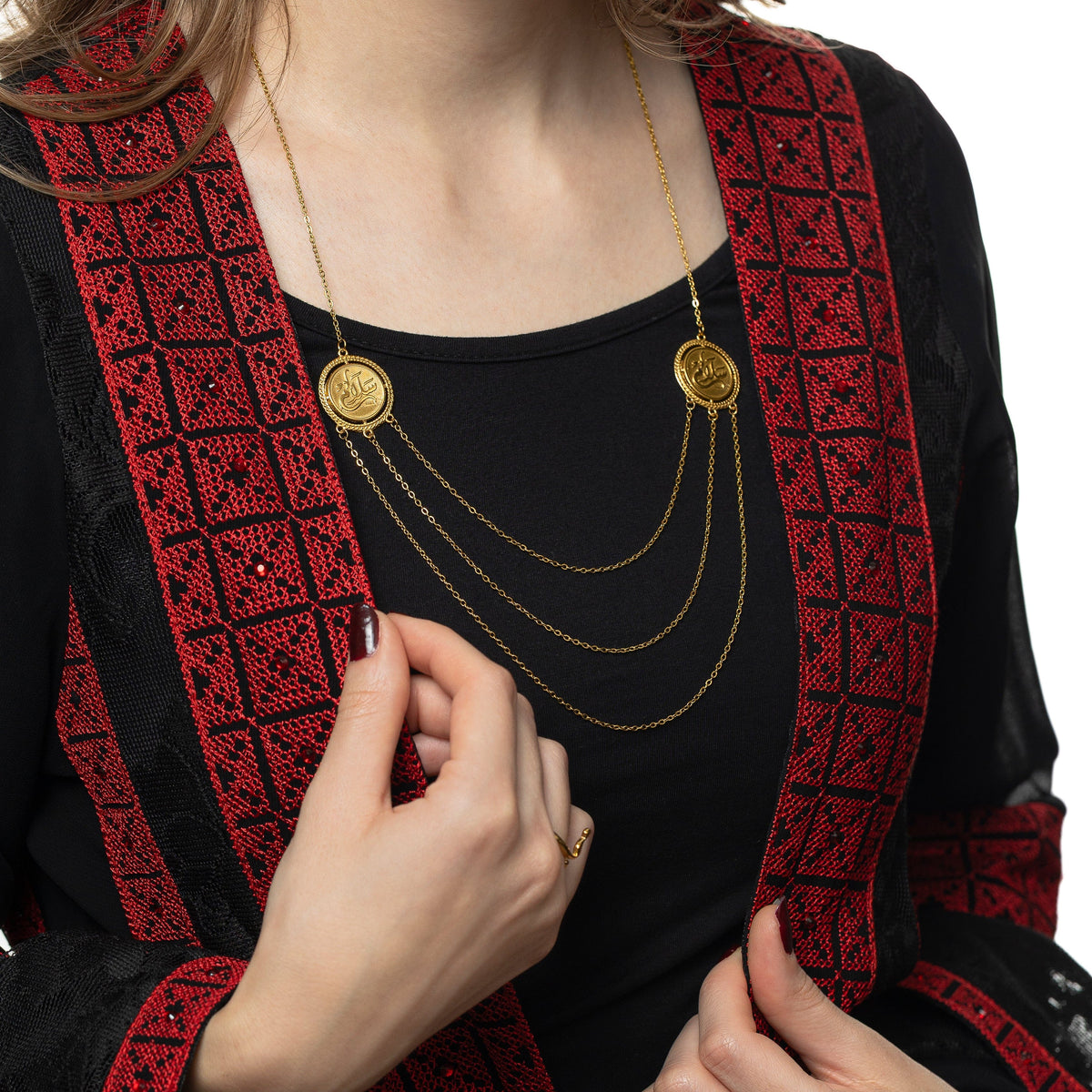 Gold Salam | Peace Layered Token Necklace as worn by the model.