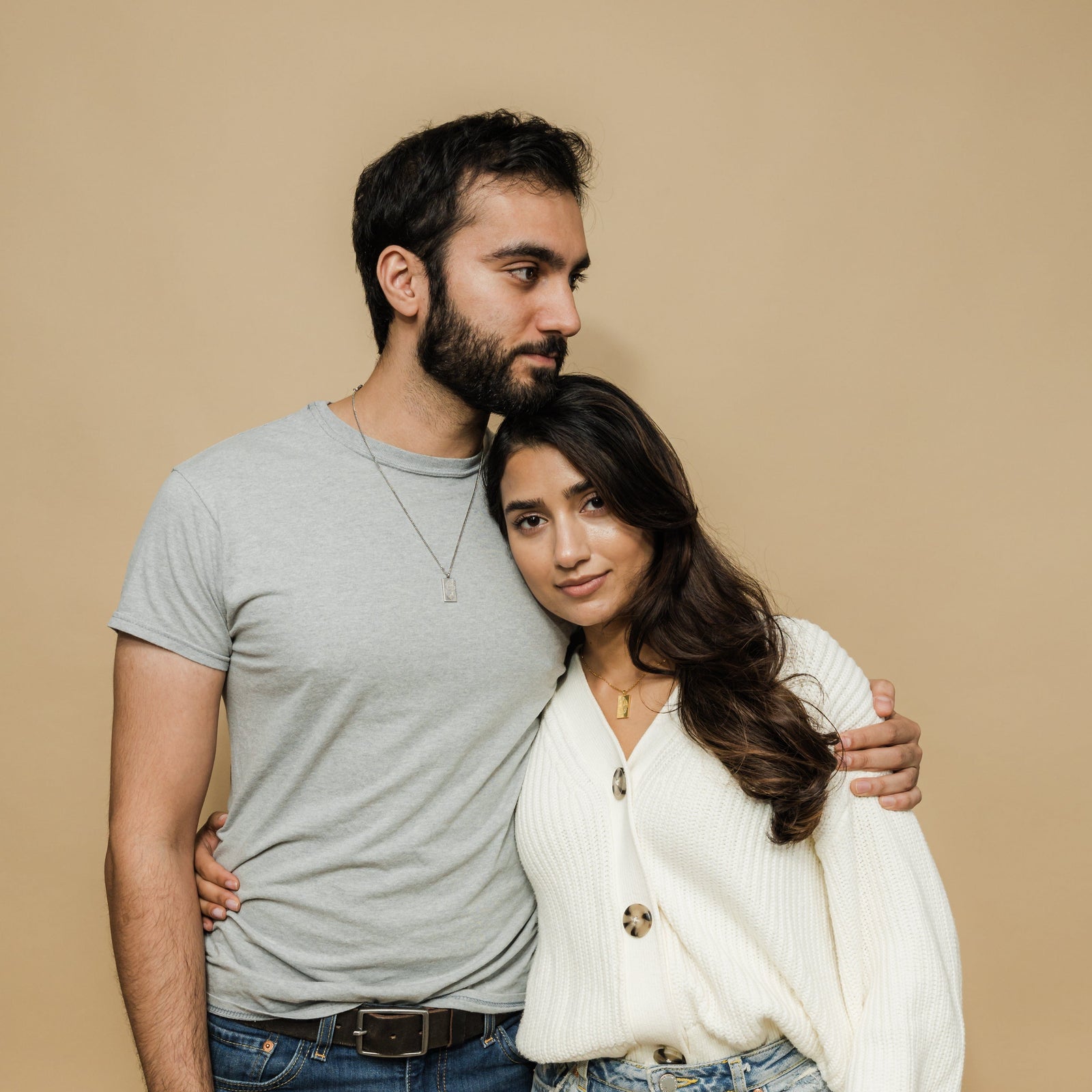 Photo of the male and female model wearing the "Tranquility in Them" Necklace | His & Hers.
