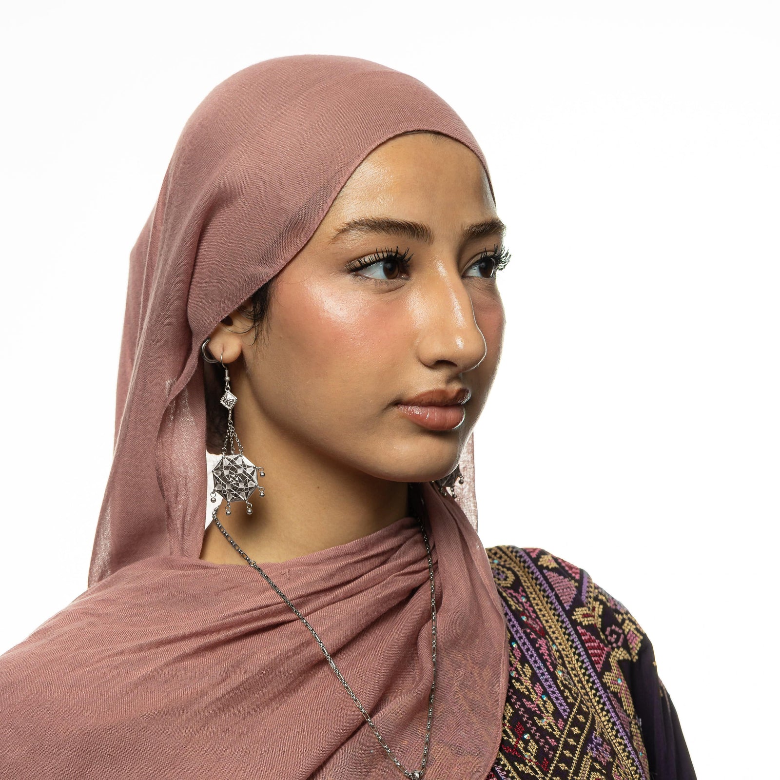 Photo of the mode wearing the silver Syrian Mosaic Earrings