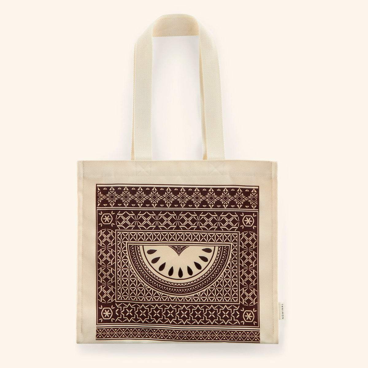 Textured cotton canvas bag with a mosaic pattern inspired by art found in Damascus and watermelon on the center.