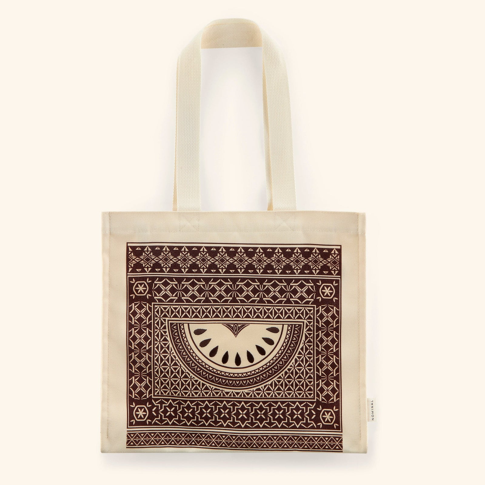 Textured cotton canvas bag with a mosaic pattern inspired by art found in Damascus and watermelon on the center.