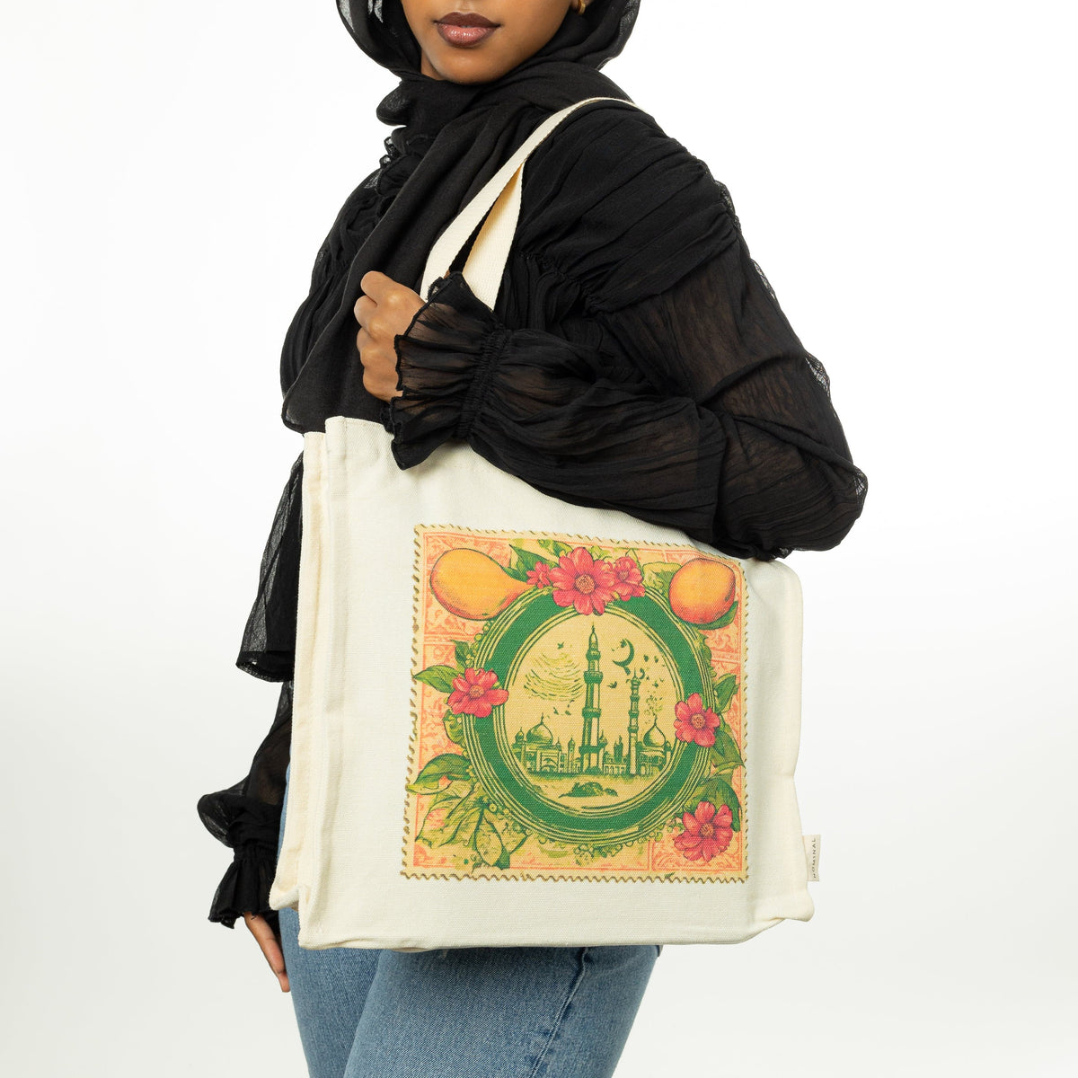 Photo of the Vintage Stamp Tote as worn by the model.