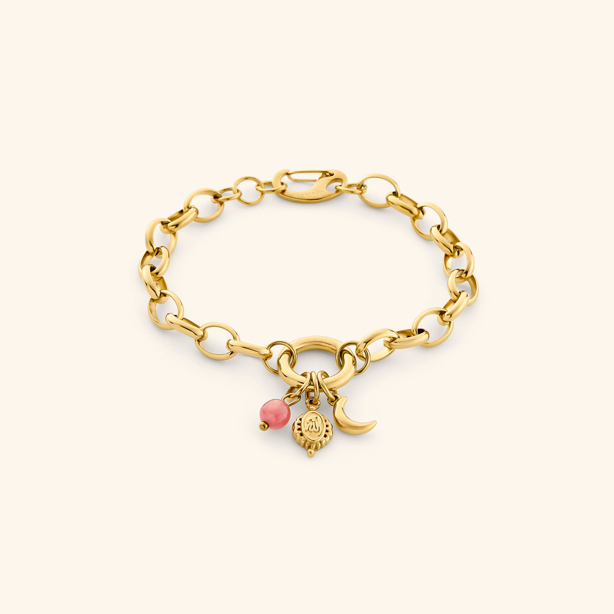 18k gold-plated Allah Crescent Charm Bracelet featuring embossed Allah medallion, crescent moon, and pink pearl, displayed on an off-white background.   