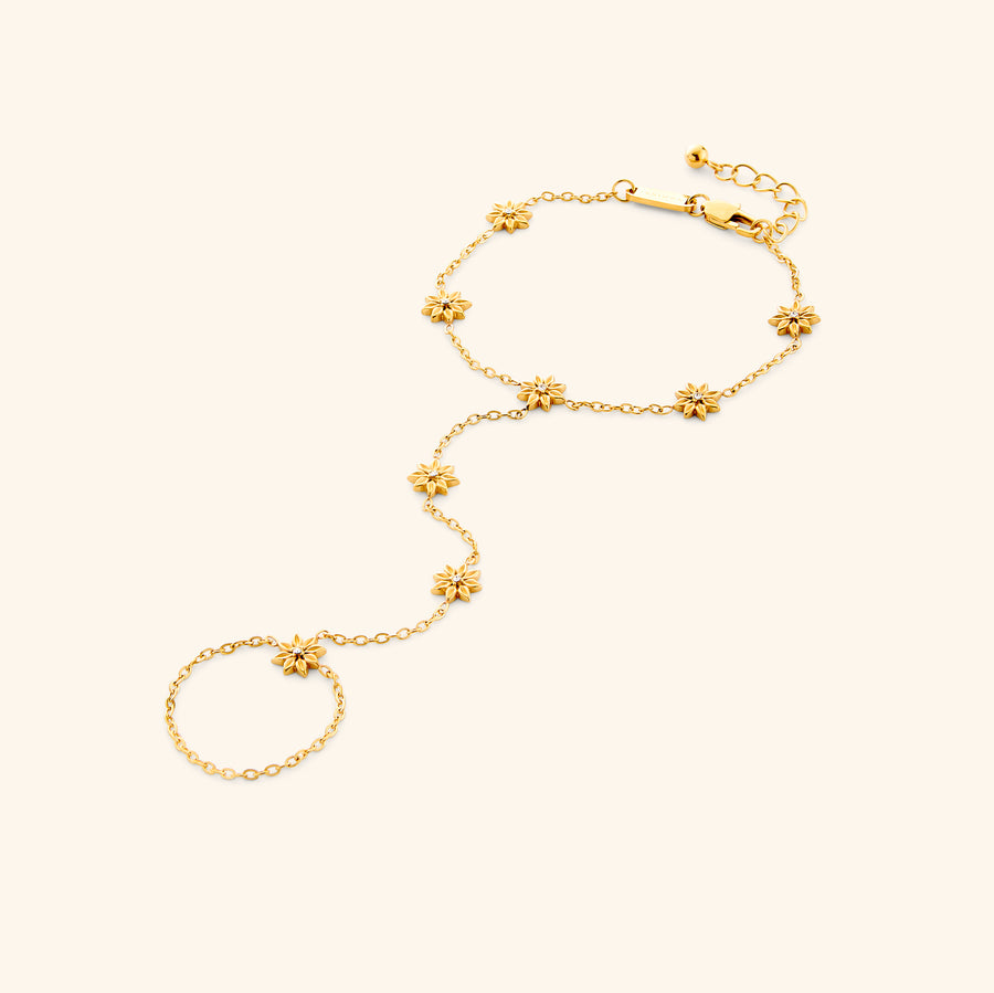 The Bezel Bloom Hand Chain by Nominal, crafted with an 18k gold-plated finish featuring delicate floral bloom charms centered with sparkling bezel-set crystals along the wrist and finger loops, displayed on an off-white background.