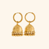 18k gold-plated finish featuring embossed Dotted Mini Jhumka Earrings  with dangling bead fringe suspended from classic hoop clasps, displayed on an off-white background.