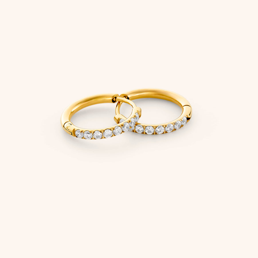 Pair of 18k gold-plated 12mm Pavé Huggie Hoops set with clear crystals.   