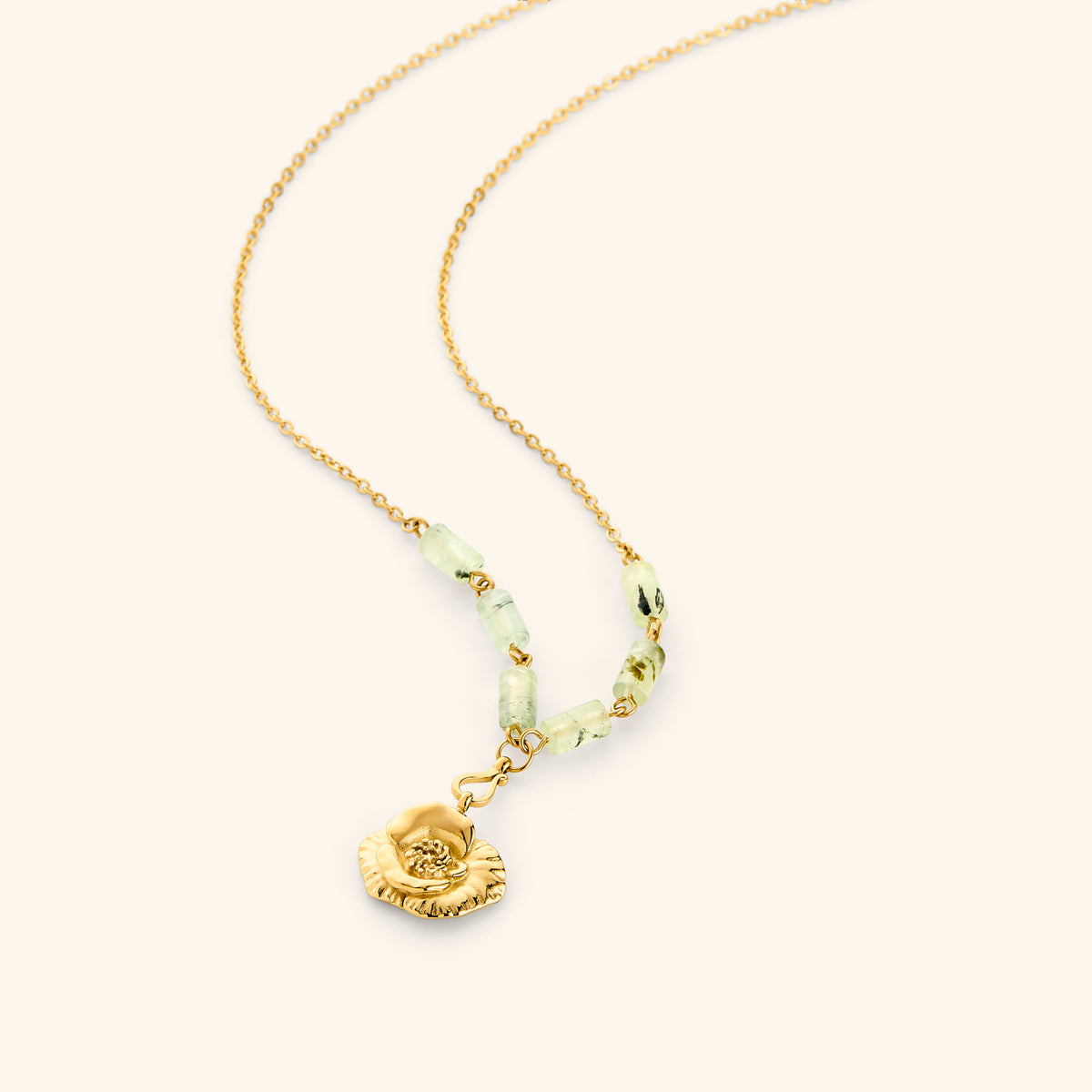 18k gold plated chain necklace with a poppy flower pendant and pale green tube beads.