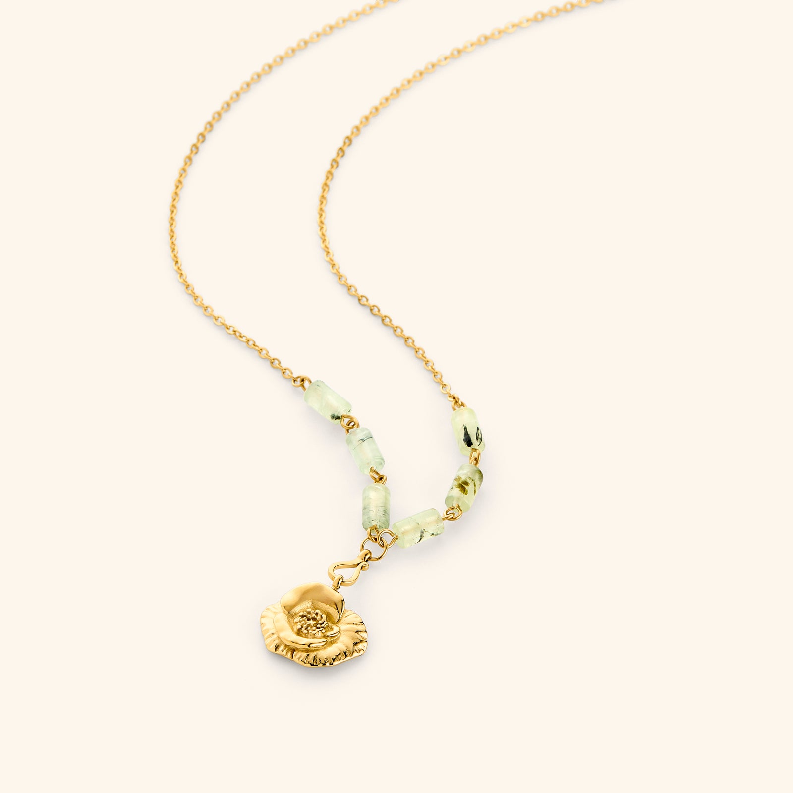 18k gold plated chain necklace with a poppy flower pendant and pale green tube beads.