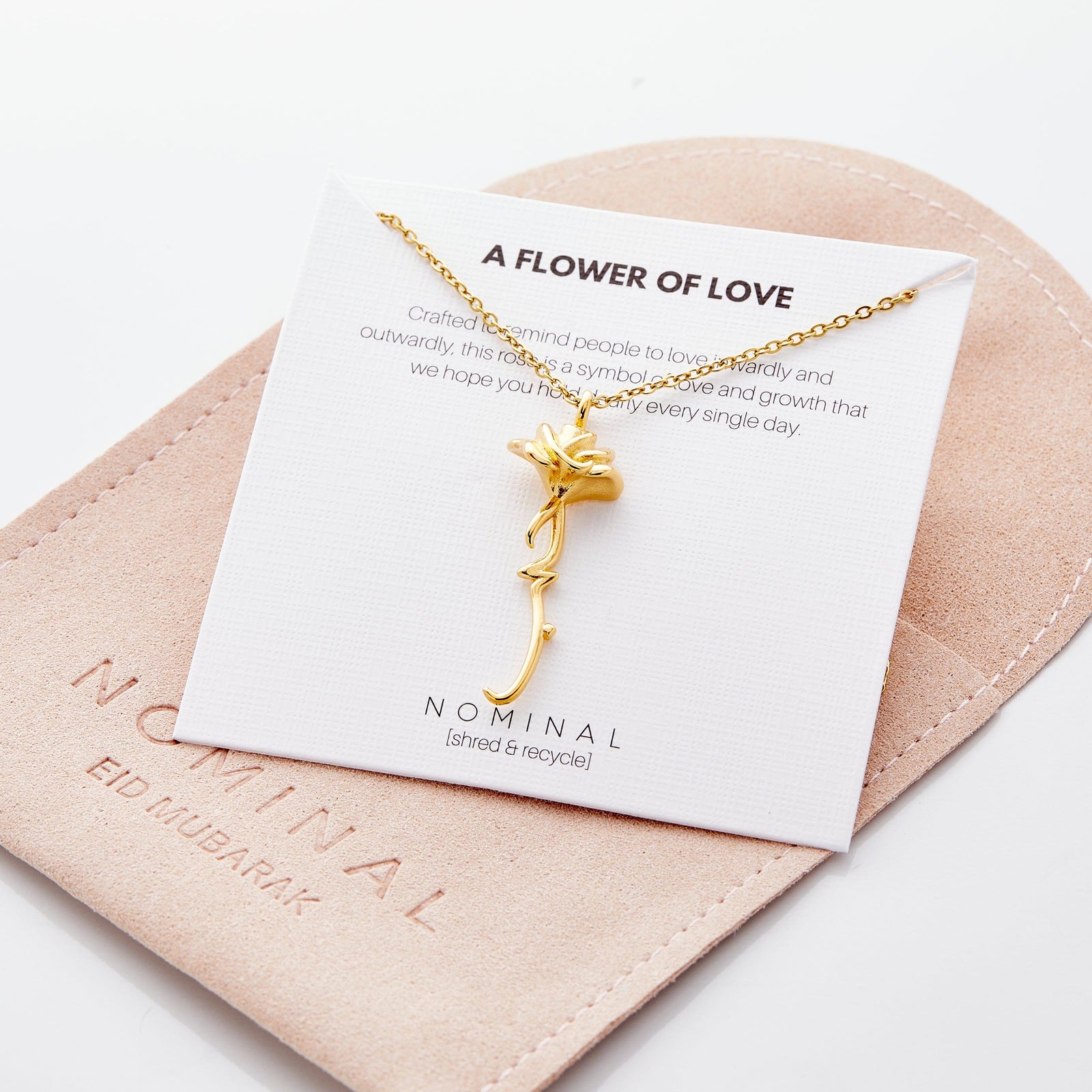The Blooming Love Necklace displayed on it's packaging featuring the jewelry description.