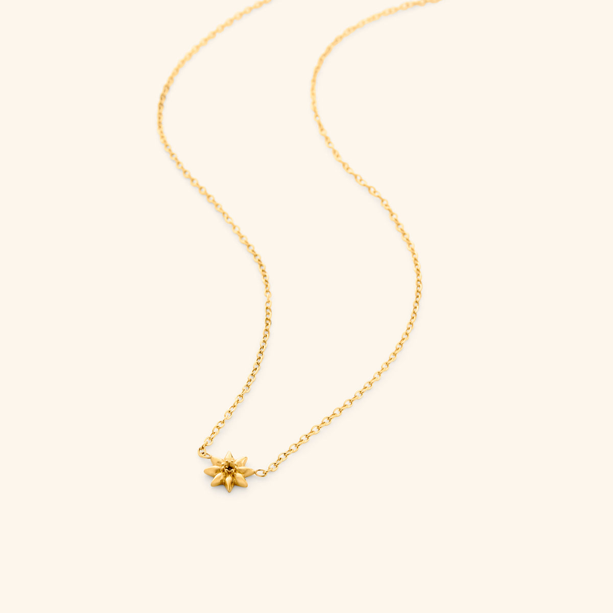 The Bezel Bloom Necklace by Nominal, crafted with an 18k gold-plated finish featuring a delicate chain centered with a sculpted floral starburst pendant and bezel-set crystal, displayed on an off-white background.