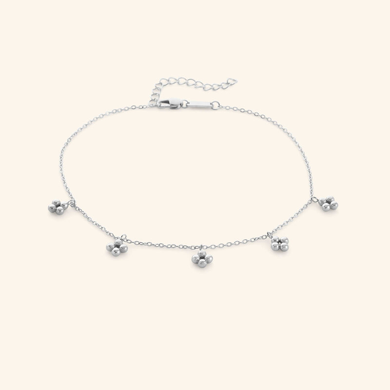 Close-up of the Henna Choker in silver with delicate chain and five small clustered bead charms.
