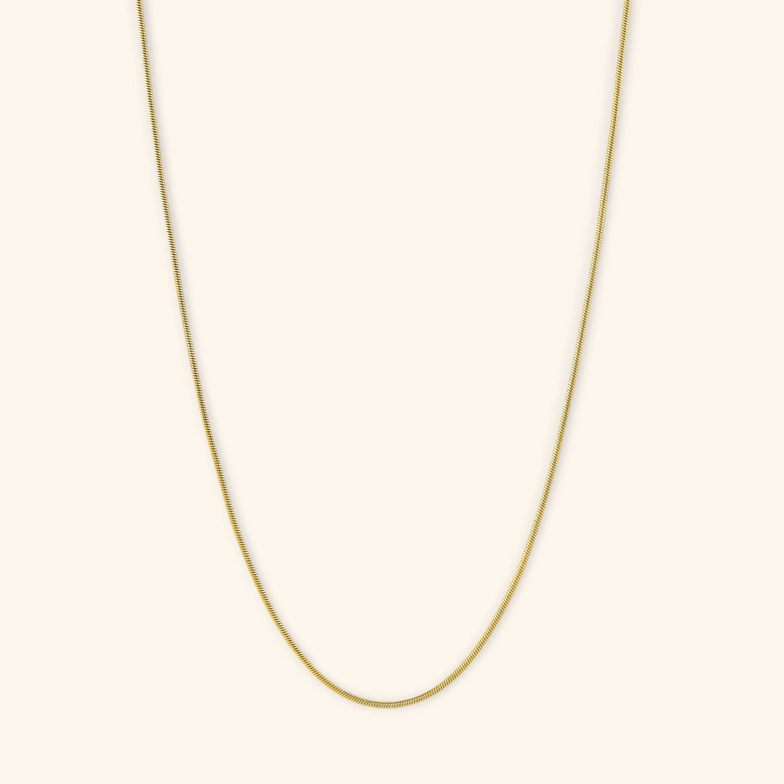 Flat lay of the 18k gold plated Micro Harmony Chain. This necklace features a 1MM seamless snake-like chain pattern