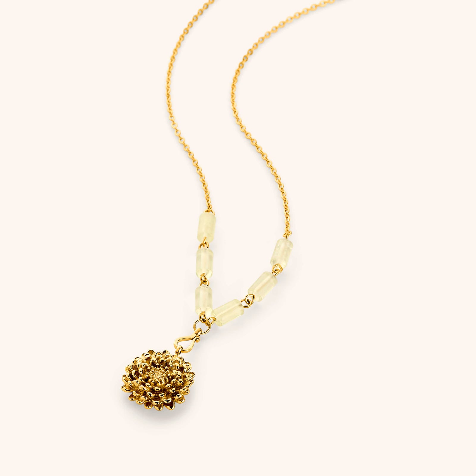 18k gold plated chain necklace with a chrysanthemum flower pendant, bright blue enamel center, and pale yellow tube beads.